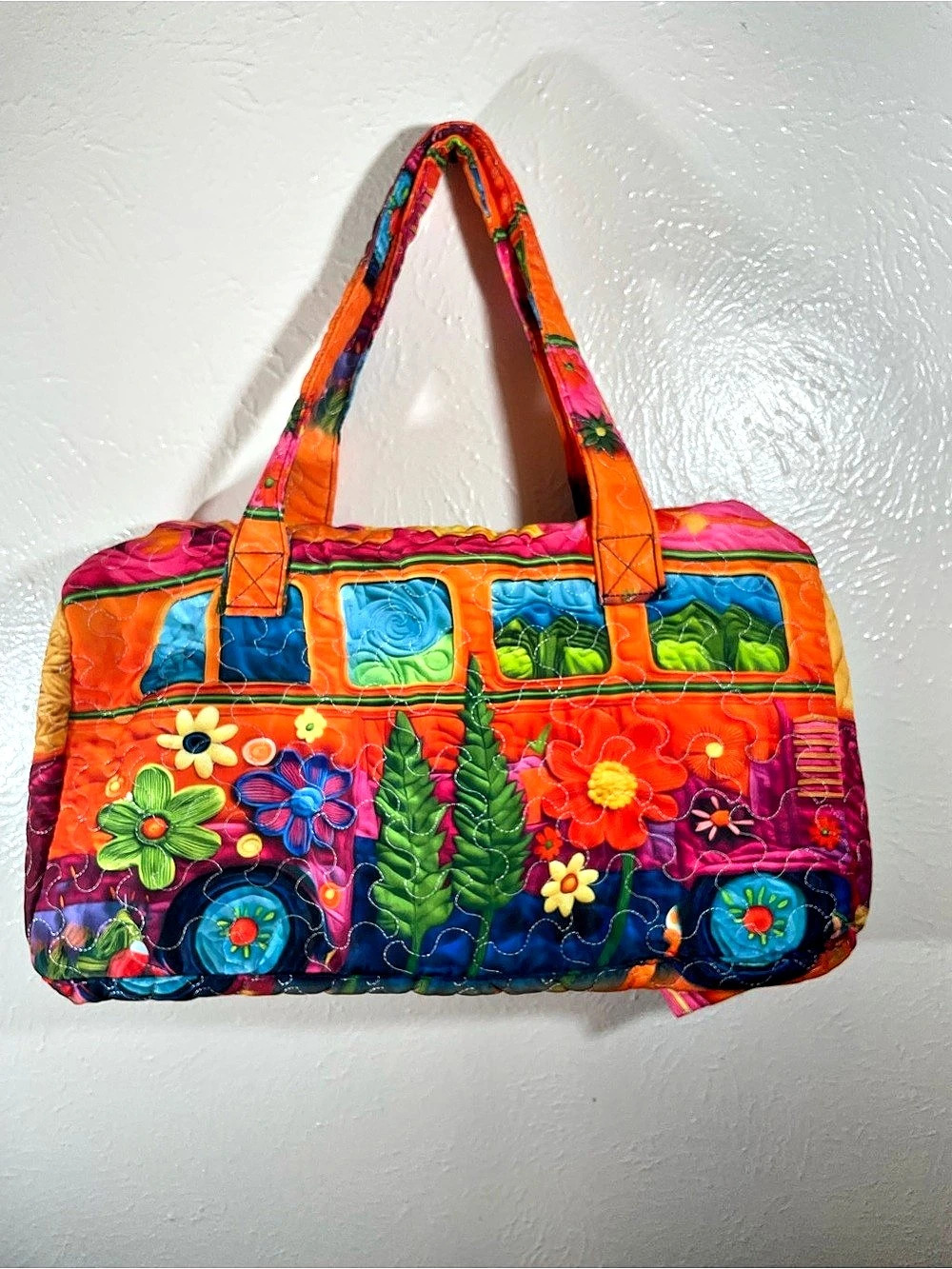 Hippie Van Quilted Duffle Bag Floral Tote Orange & Multicolor